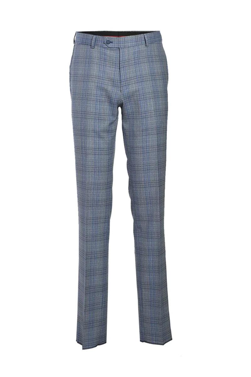 Premium 2-Btn Light Grey Wool Suit w/ Blue Windowpane Plaid & Notch Lapel – English Laundry - Elegant Mensattire