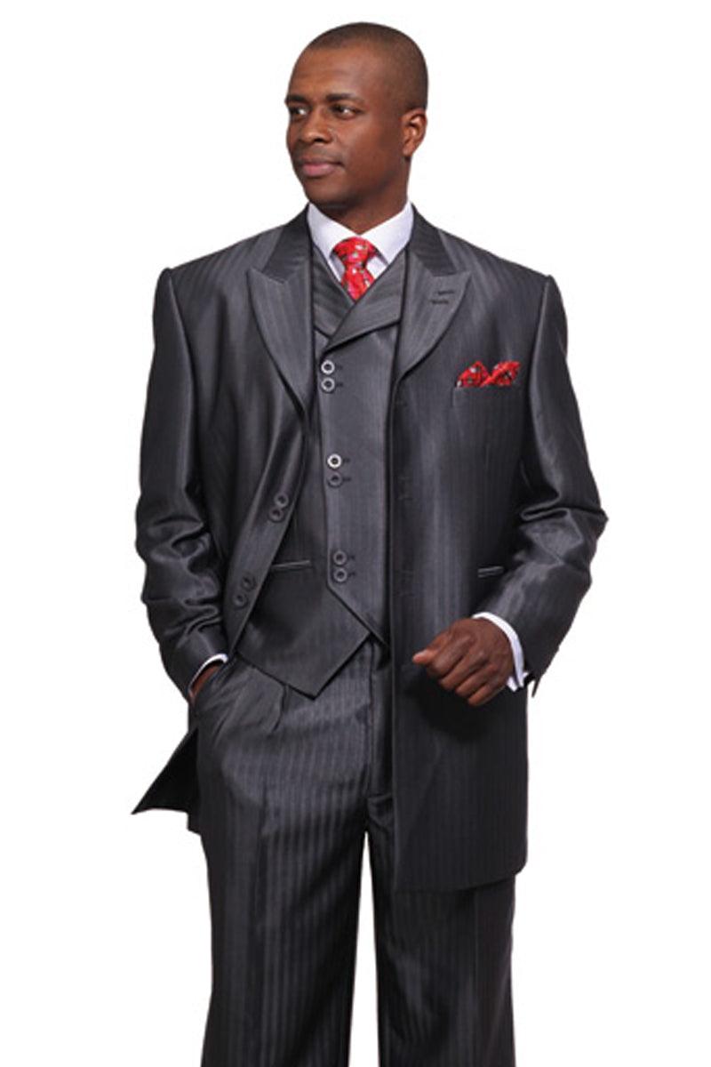 Premium Black Tonal Herringbone Stripe Vested Suit by Fortino Landi - Elegant Mensattire