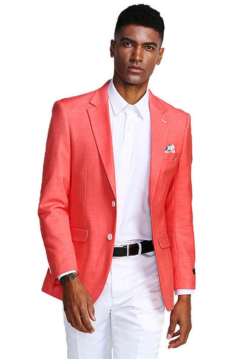 Premium Tazio Men's Salmon Pink Linen-Style Slim Blazer | Summer 2-Button - Elegant Mensattire