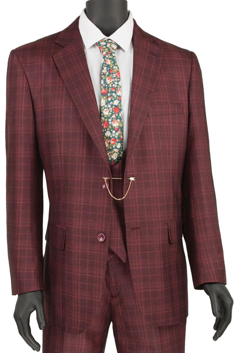 Premium Vinci Mens 2-Button Vested Peak Lapel Burgundy Windowpane Suiting - Elegant Mensattire