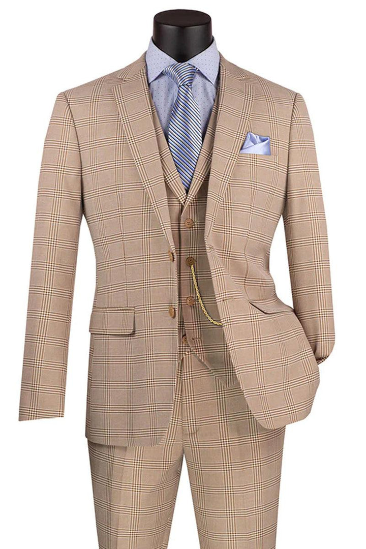 Product Title: Vinci Men's Slim Fit Beige Vested Glen Plaid Summer Business Suit - Elegant Mensattire