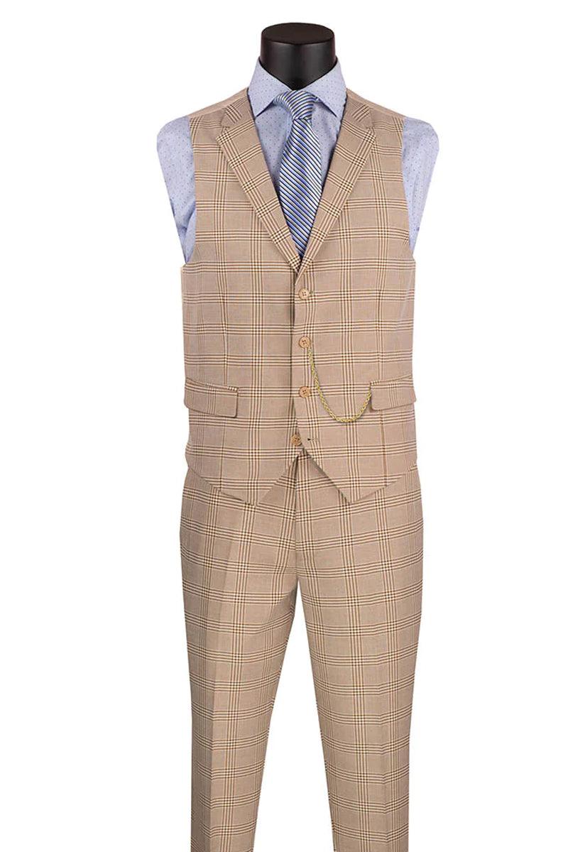 Product Title: Vinci Men's Slim Fit Beige Vested Glen Plaid Summer Business Suit - Elegant Mensattire