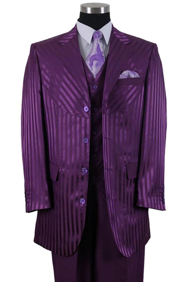 "Purple Semi-Wide Leg Suit | 4-Button Tonal Stripe | Fortino Landi" - Elegant Mensattire