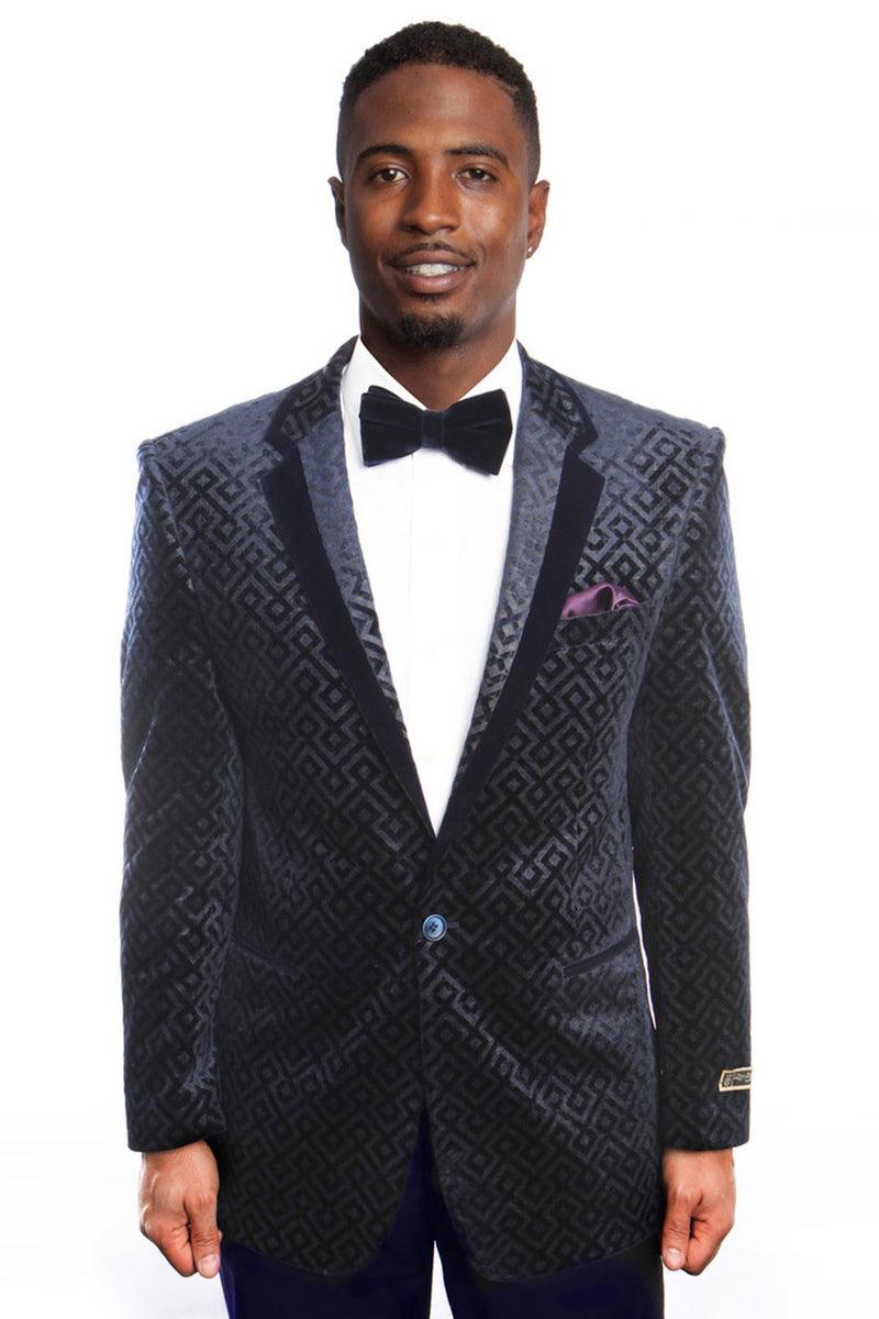 Refined Product Title: Men's Navy Velvet Retro Diamond Print Tuxedo Jacket by Empire - Elegant Mensattire