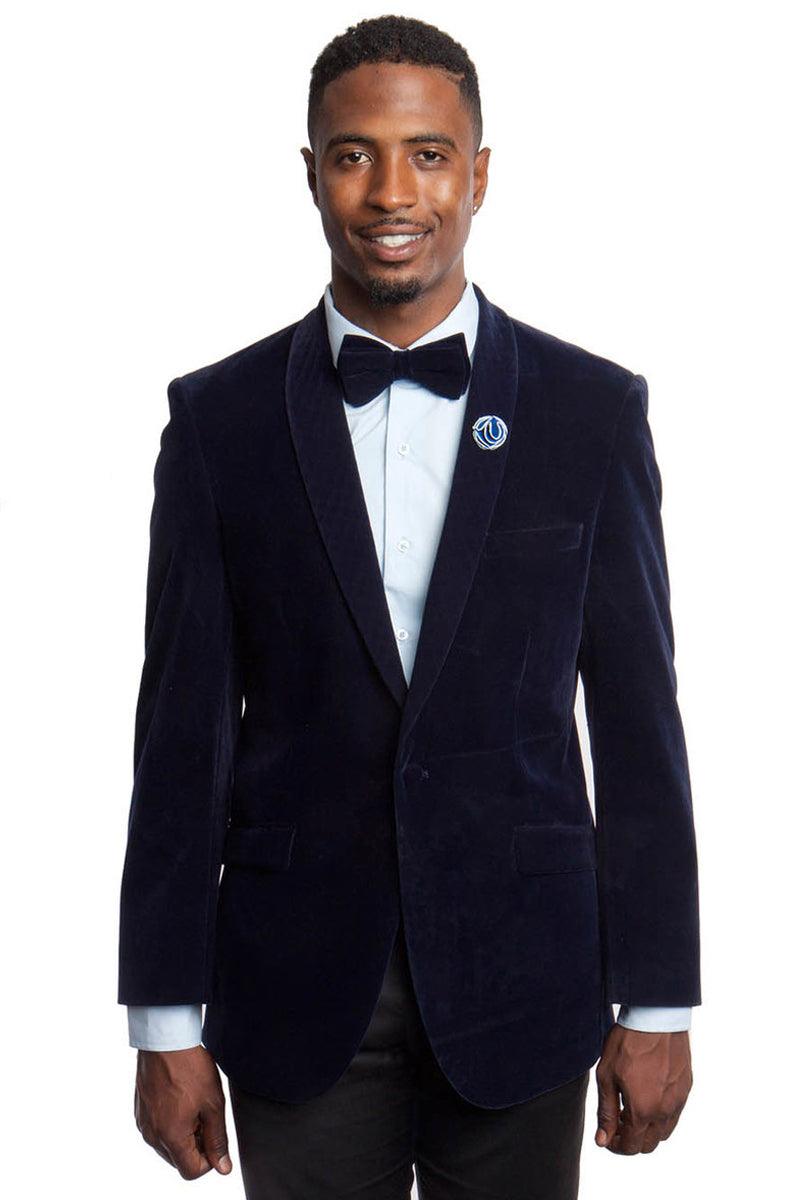 Refined Product Title: Men's Slim-Fit Navy Blue Velvet Shawl Lapel Dinner Jacket by Tazio - Elegant Mensattire