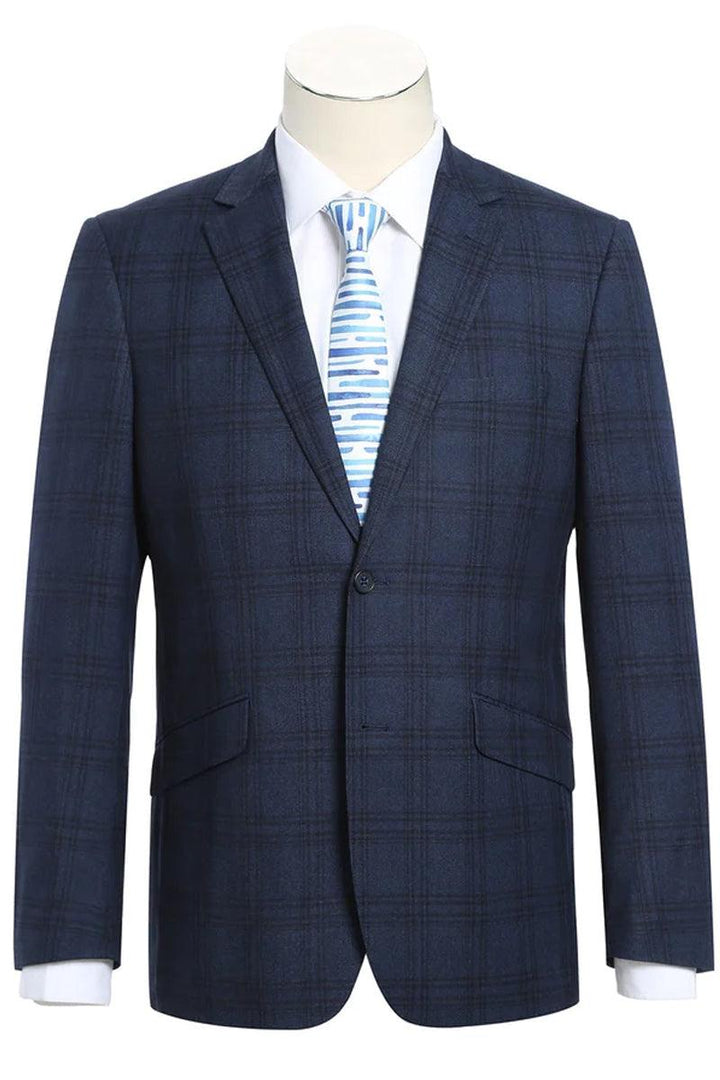 Refined Product Title: Renoir Two-Button Navy Blue Windowpane Plaid Slim-Fit Stretch Suit - Elegant Mensattire