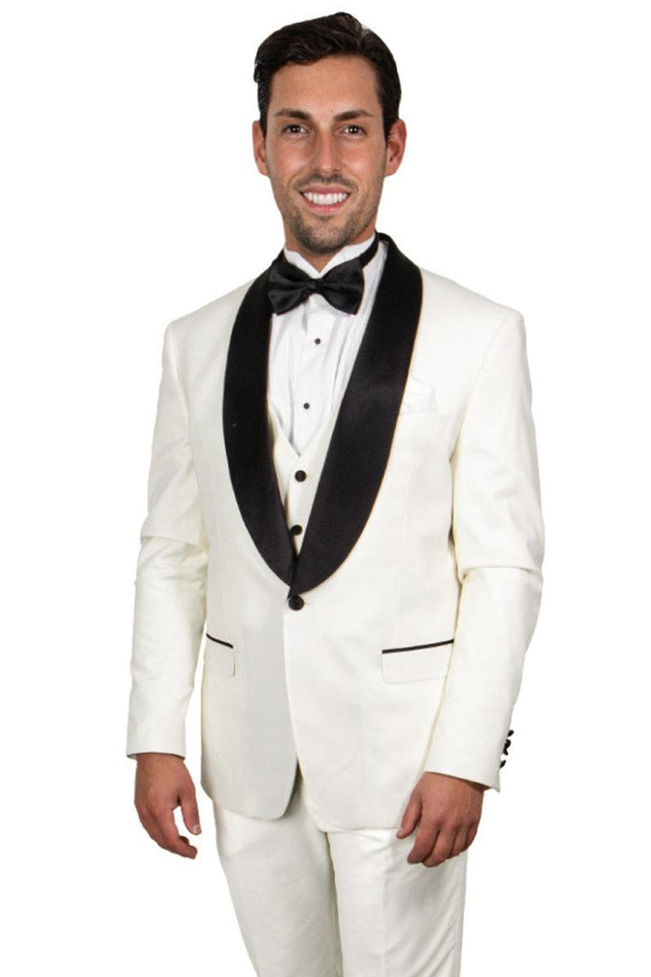 Refined Product Title: Stacy Adams Ivory Shawl Lapel Tuxedo - Vested One Button Style - Elegant Mensattire