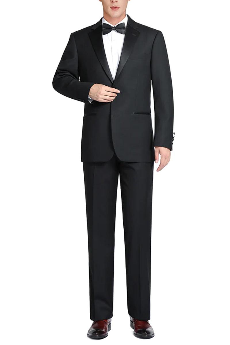 Renoir Black Wool Tuxedo with Notch Lapel, Slim Fit, 2-Button Closure. - Elegant Mensattire