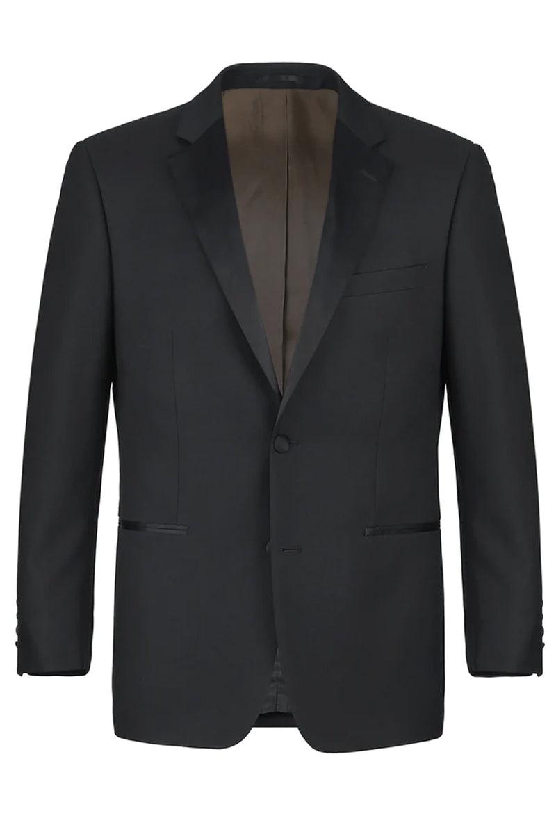 Renoir Black Wool Tuxedo with Notch Lapel, Slim Fit, 2-Button Closure. - Elegant Mensattire