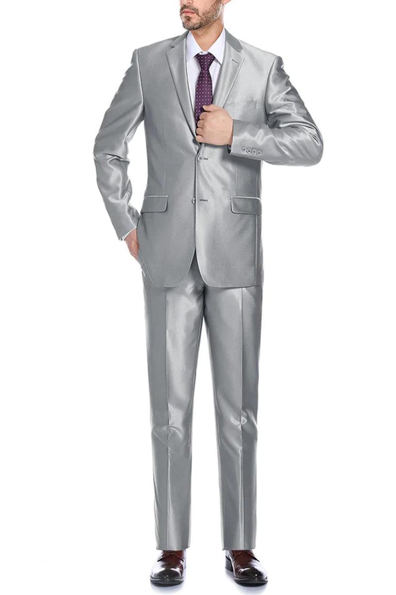 Renoir Classic Fit Suit w/Optional Vest: Two Button Silver Grey Sharkskin | 34R CLOSE OUT - Elegant Mensattire