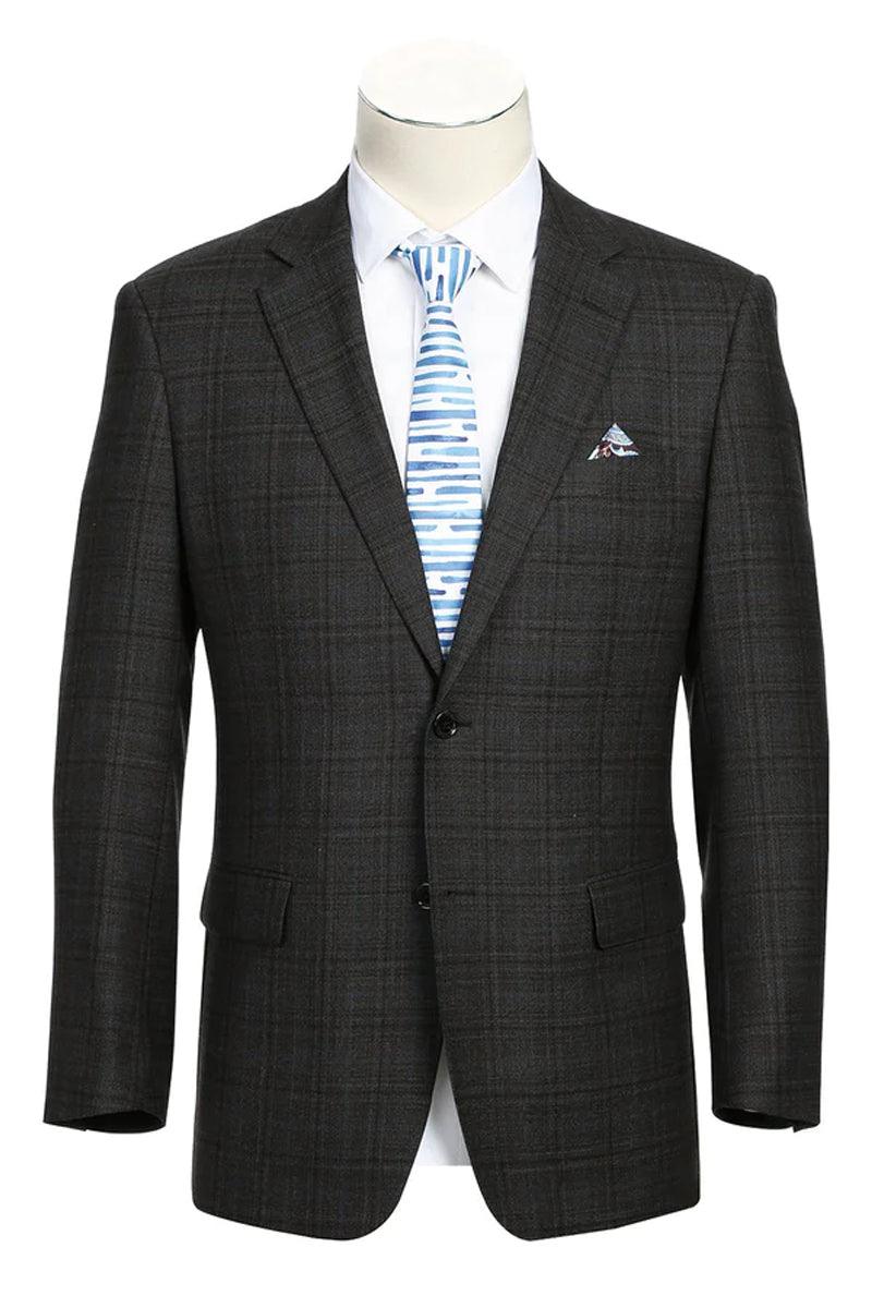 "Renoir Dark Brown Wool Sport Coat: Elegant Windowpane Plaid 2-Button Classic Fit" - Elegant Mensattire