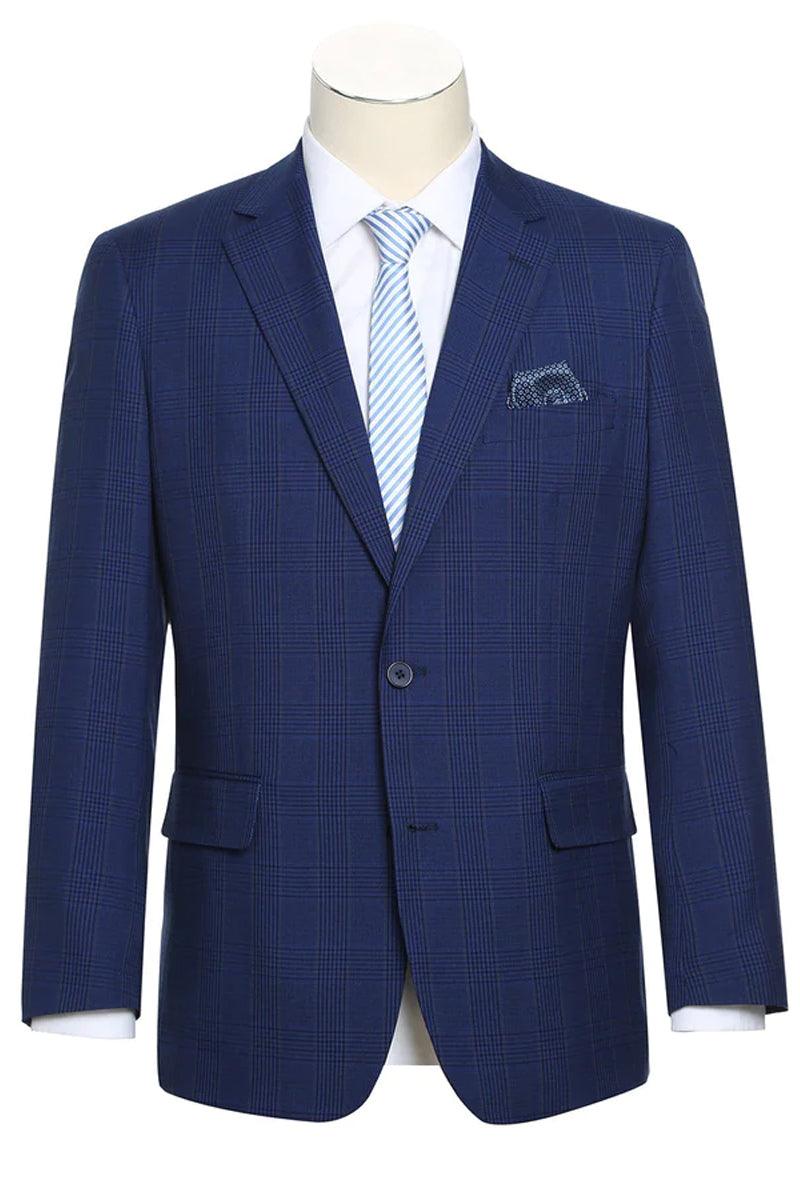 Renoir Dark Navy Blue Plaid Windowpane Two-Button Classic Fit Sport Coat Blazer - Elegant Mensattire