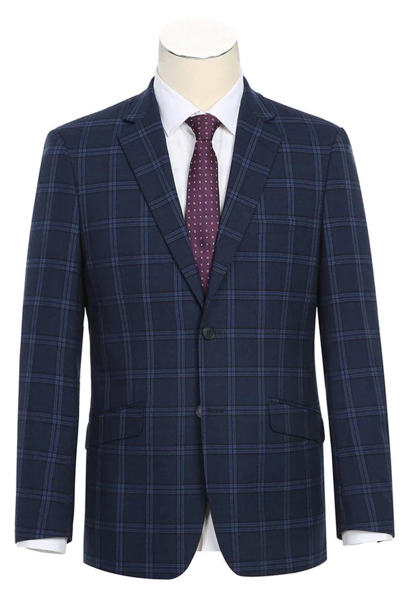 Renoir Dark Navy Wide Windowpane Plaid Slim-Fit Two-Button Stretch Suit - Elegant Mensattire