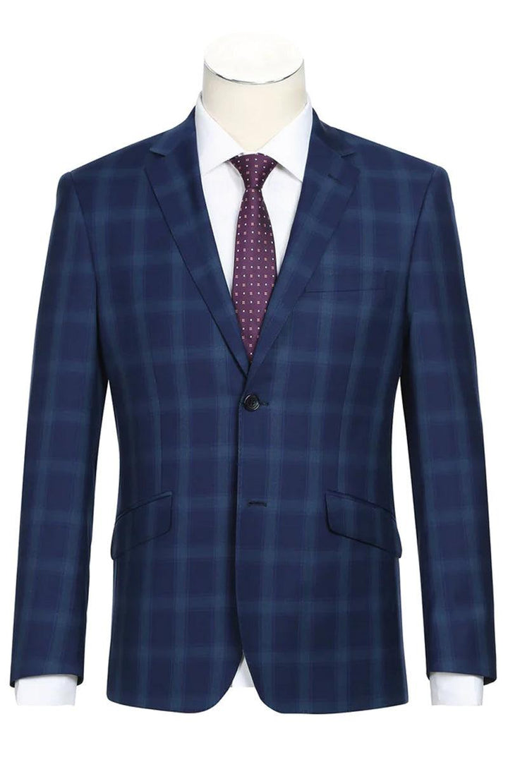 "Renoir Dark Royal Blue Two Piece Wool Windowpane Suit" - Elegant Mensattire