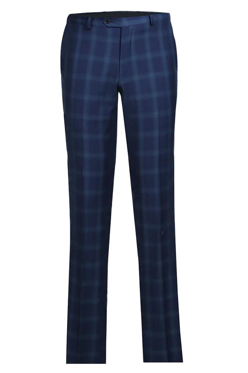 "Renoir Dark Royal Blue Two Piece Wool Windowpane Suit" - Elegant Mensattire