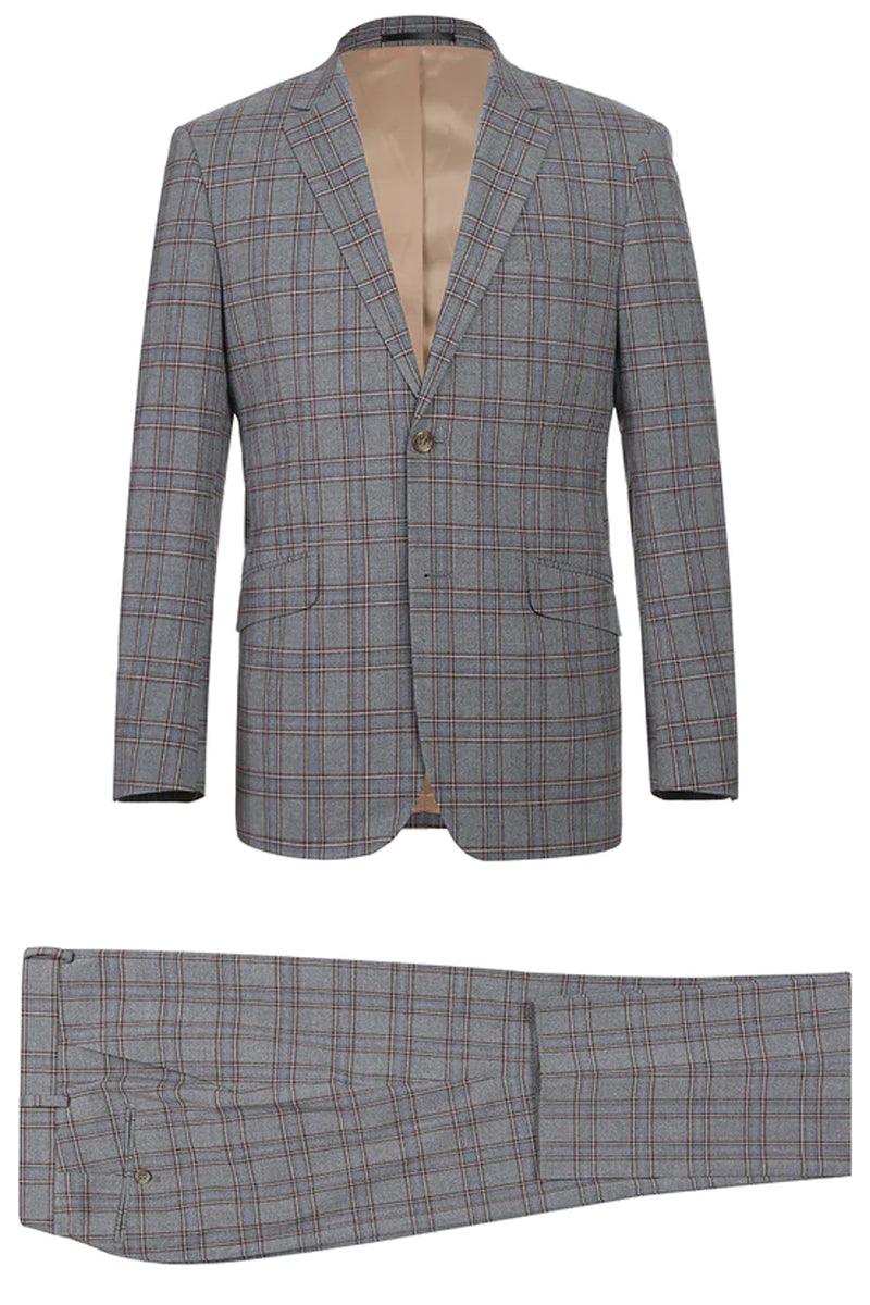 "Renoir Grey & Bronze Windowpane Two-Piece Slim-Fit Suit: Classy Sophistication" - Elegant Mensattire