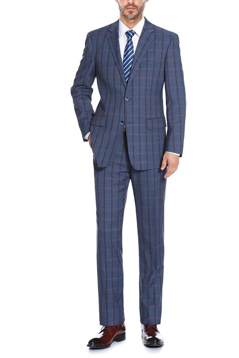 Renoir Men's 2-Button Classic Fit Stretch Suit in Blue Windowpane Plaid - Elegant Mensattire