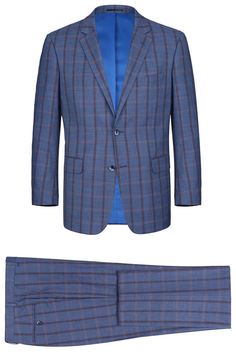 Renoir Men's 2-Button Classic Fit Stretch Suit in Blue Windowpane Plaid - Elegant Mensattire