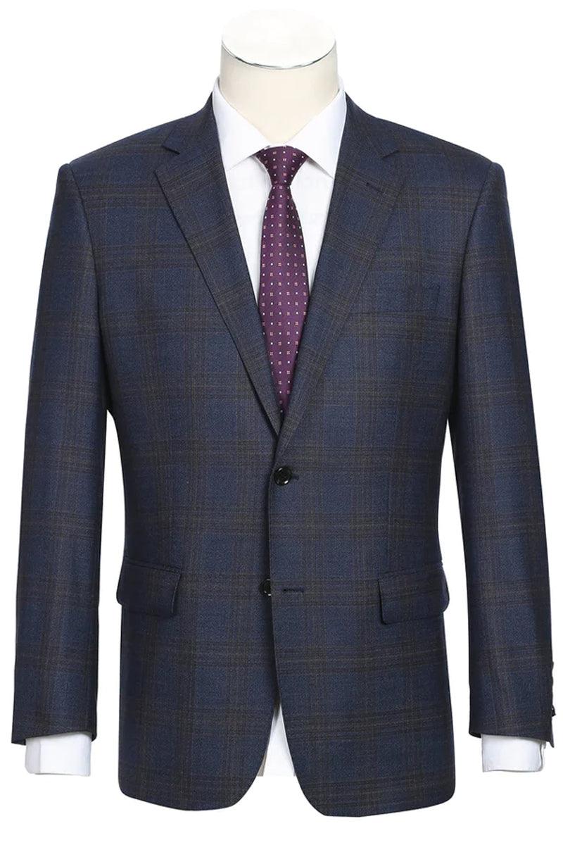 Renoir Men's 2-Button Classic Fit Wool Suit in Brown & Blue Windowpane Plaid - Elegant Mensattire