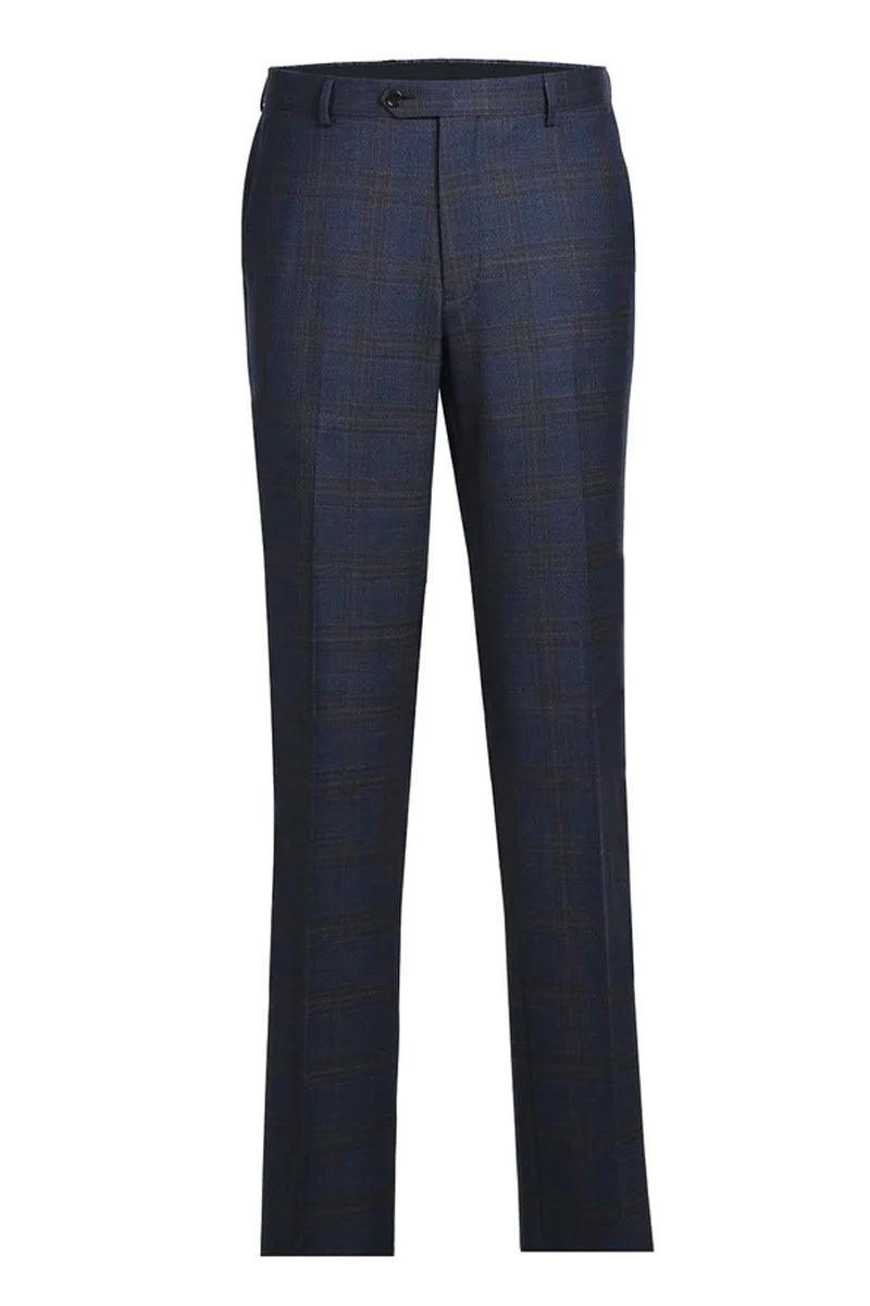 Renoir Men's 2-Button Classic Fit Wool Suit in Brown & Blue Windowpane Plaid - Elegant Mensattire