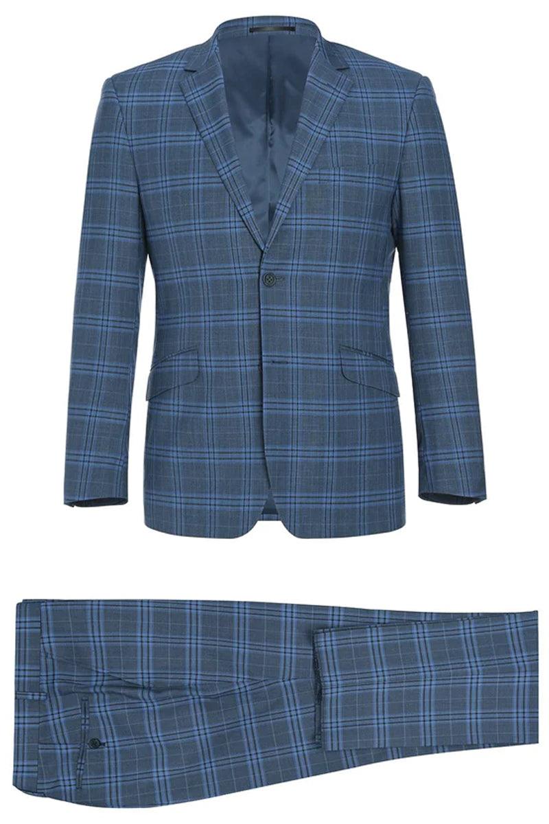 Renoir Men's 2-Button Slim-Fit 2-Piece Blue Windowpane-Pattern Suit - Elegant Mensattire