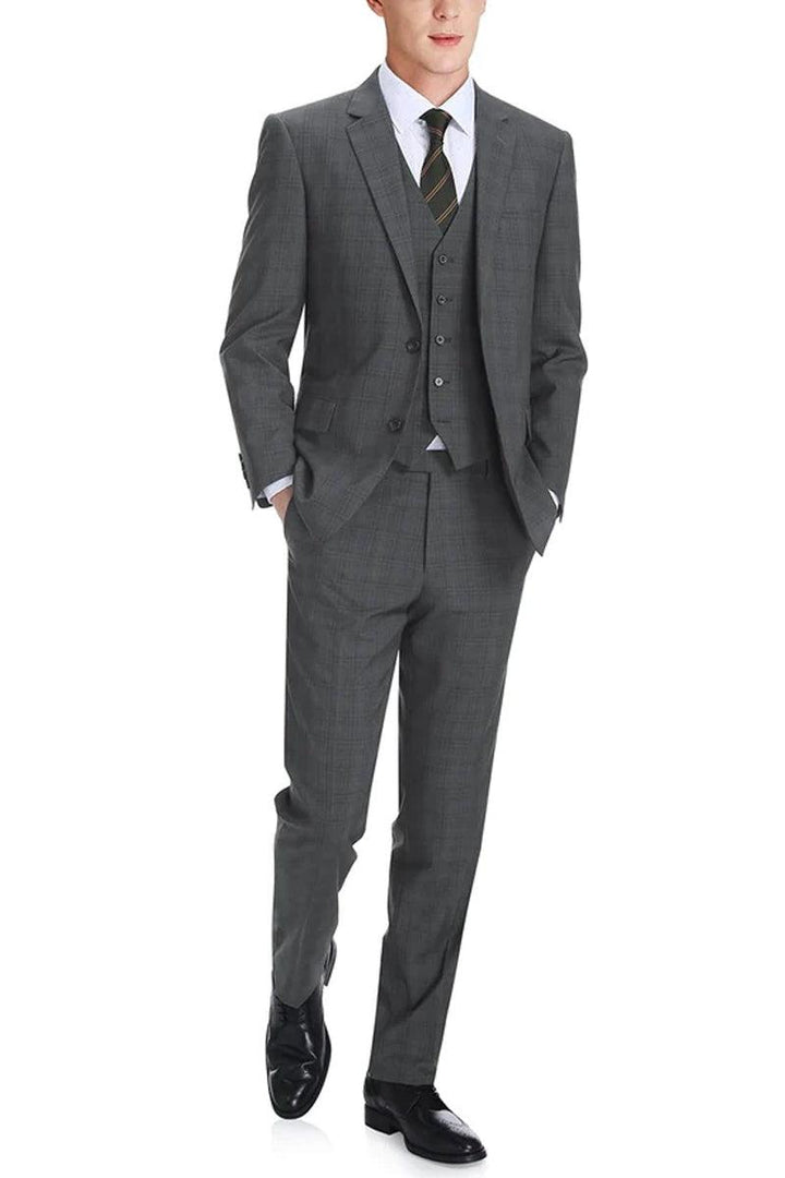 Renoir Men's Charcoal Grey Windowpane Classic Fit 2-Button Vested Suit - Elegant Mensattire