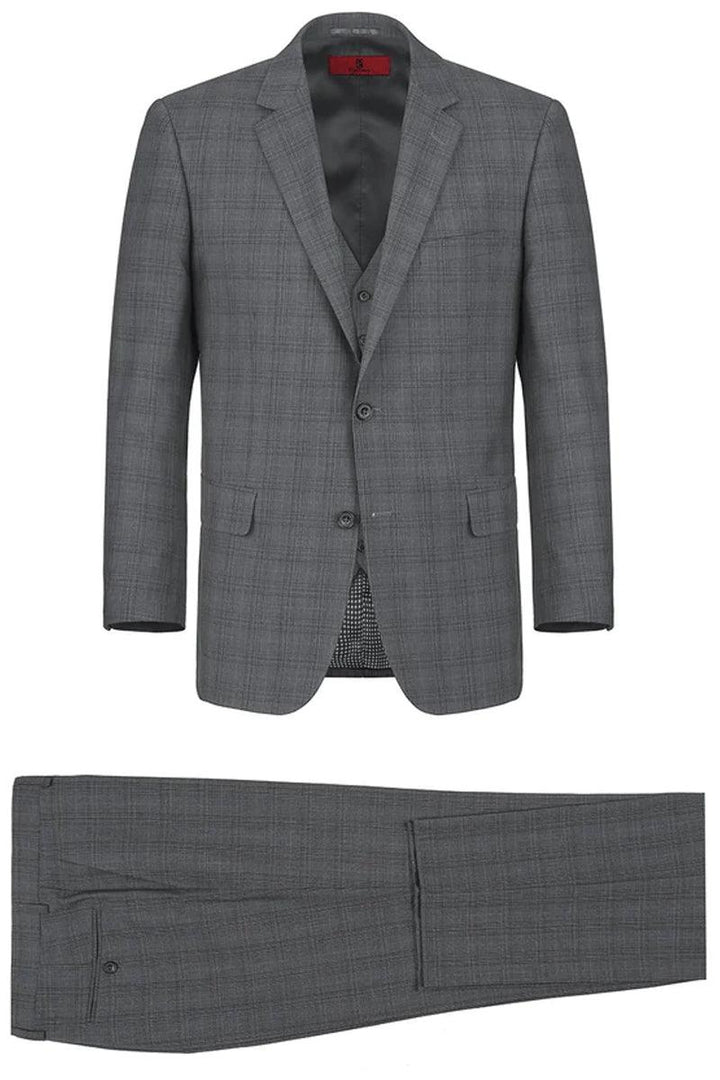 Renoir Men's Charcoal Grey Windowpane Classic Fit 2-Button Vested Suit - Elegant Mensattire