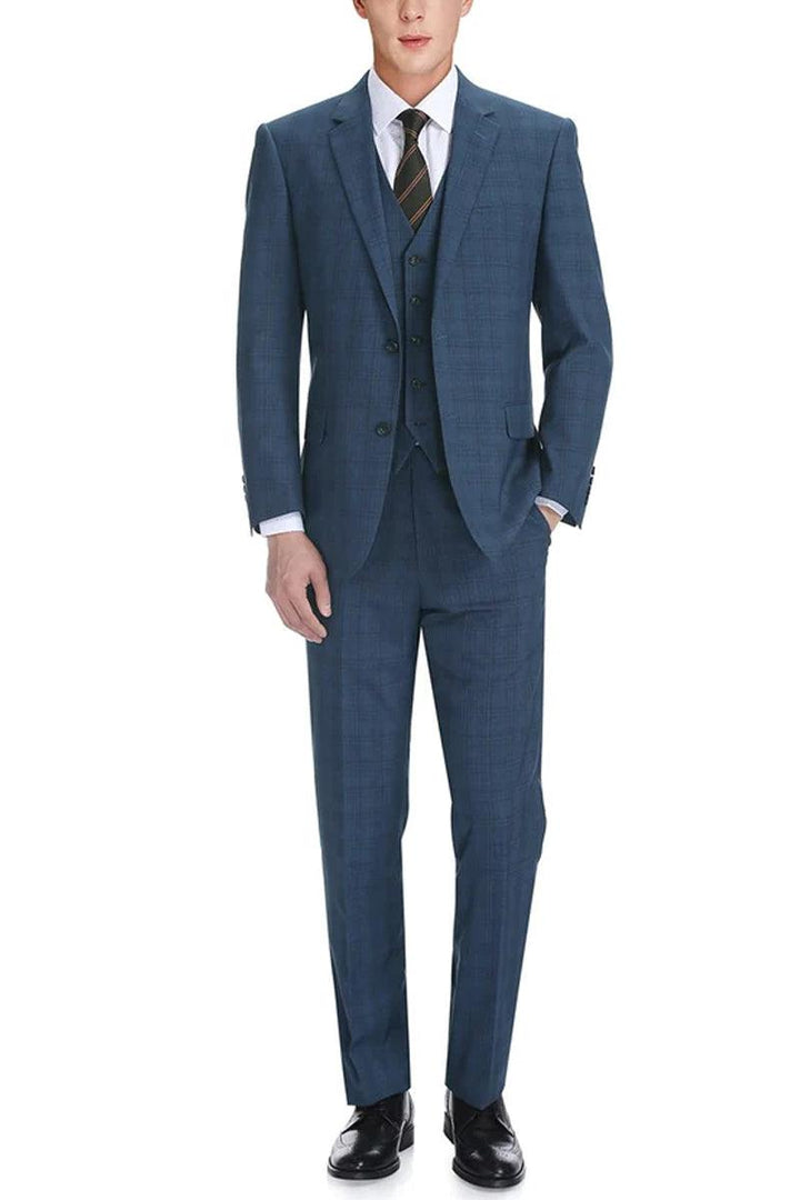 Renoir Men's Classic Fit 2-Button Vested Suit in Navy Blue Windowpane Plaid - Elegant Mensattire