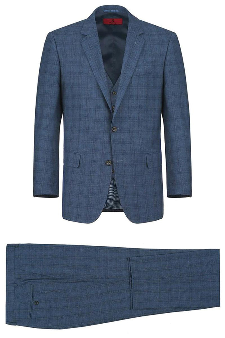 Renoir Men's Classic Fit 2-Button Vested Suit in Navy Blue Windowpane Plaid - Elegant Mensattire