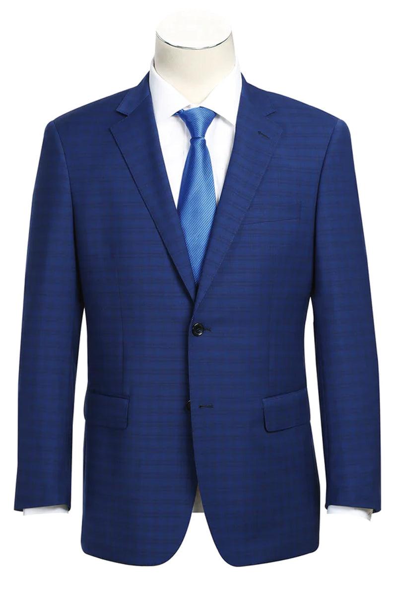 Renoir Men's Classic Fit Double-Button Wool Suit in Dark Blue Windowpane Plaid Check - Elegant Mensattire