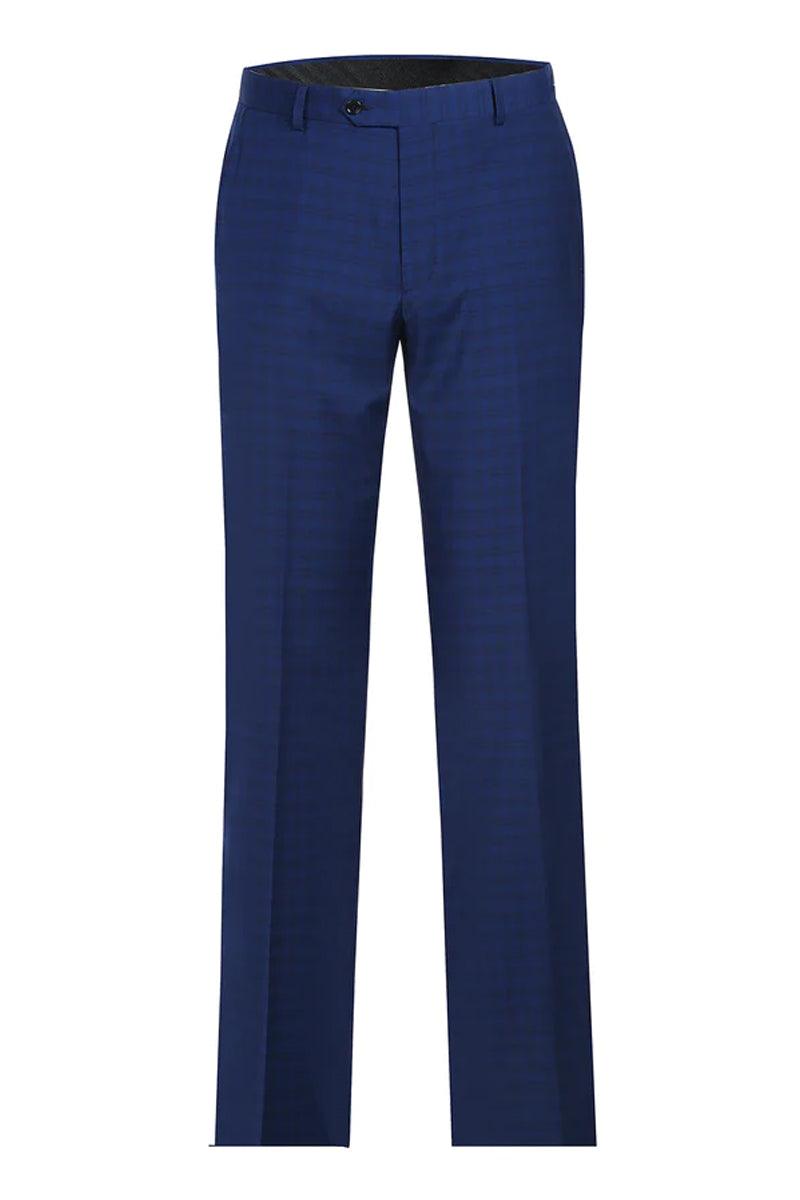 Renoir Men's Classic Fit Double-Button Wool Suit in Dark Blue Windowpane Plaid Check - Elegant Mensattire