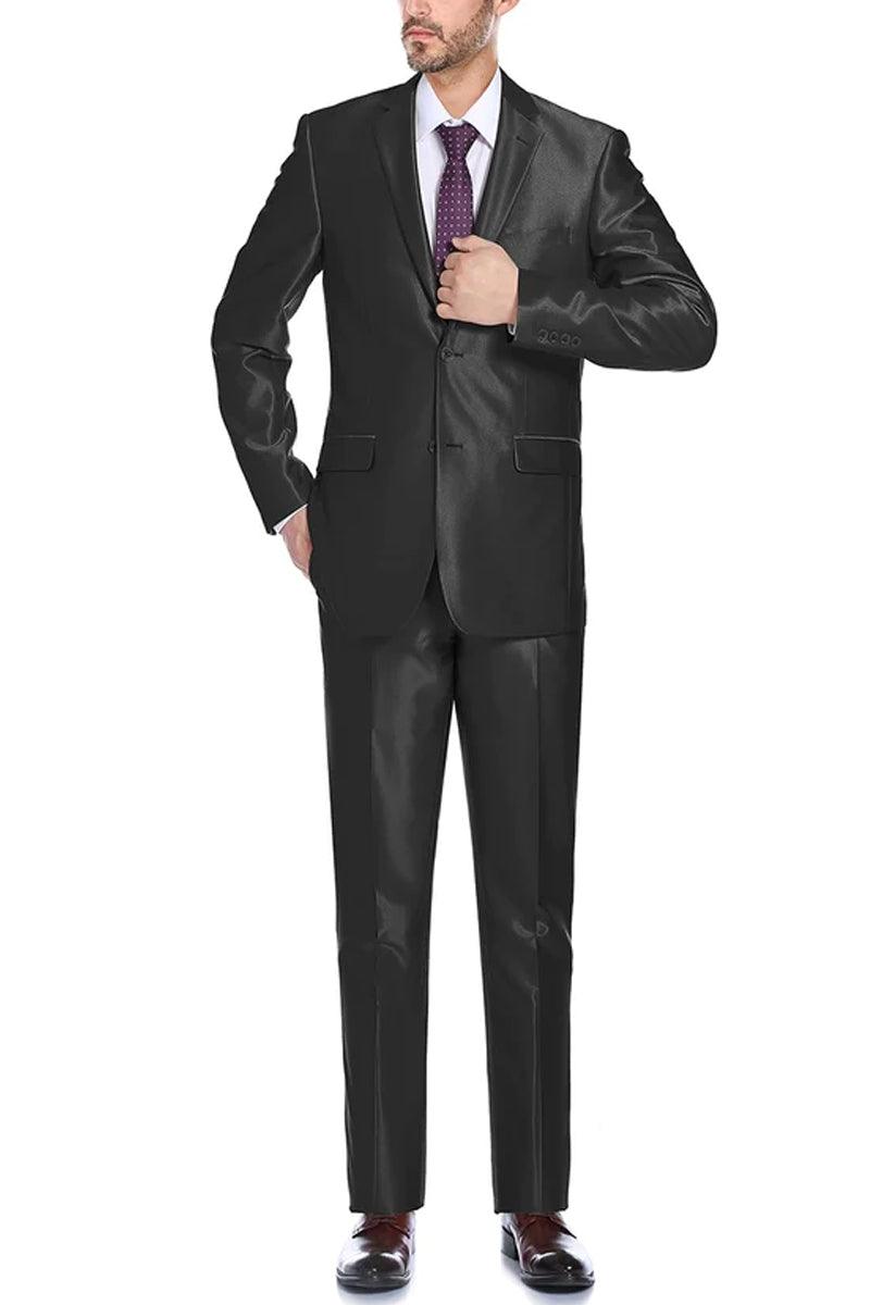 Renoir Men's Classic Fit Sharkskin Shiny Black Two-Button Suit w/ Optional Vest - Elegant Mensattire