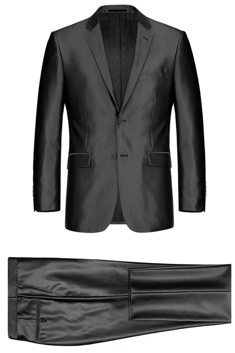 Renoir Men's Classic Fit Sharkskin Shiny Black Two-Button Suit w/ Optional Vest - Elegant Mensattire