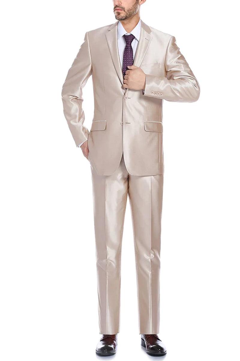 Renoir Men's Classic Fit Suit & Optional Vest in Champagne Tan Sharkskin - Elegant Mensattire