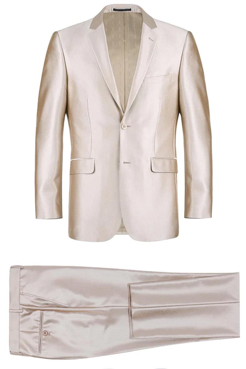 Renoir Men's Classic Fit Suit & Optional Vest in Champagne Tan Sharkskin - Elegant Mensattire