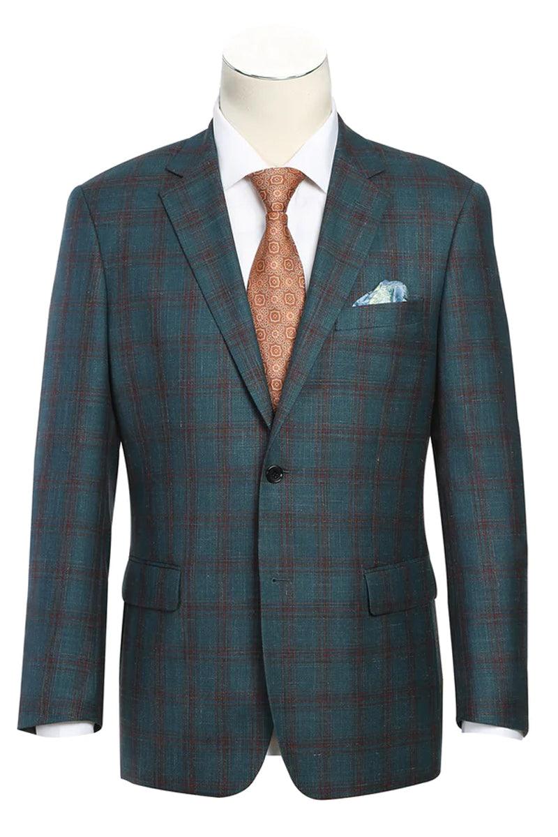 Renoir Men's Classic Fit Wool & Linen Teal Windowpane Blazer - Elegant Mensattire