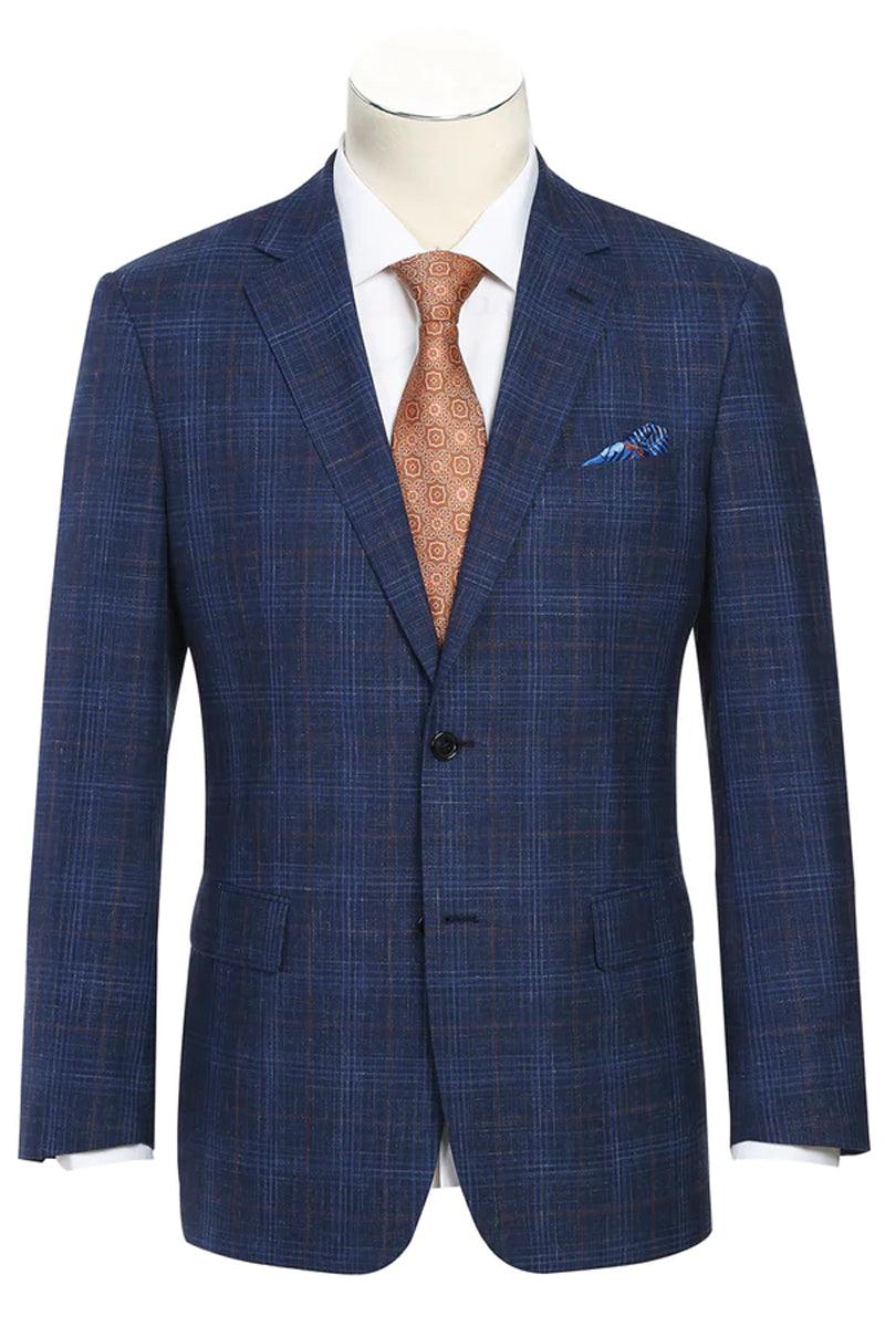 Renoir Men's Classic Fit Wool-Linen Blazer in Blue Windowpane Plaid - Elegant Mensattire