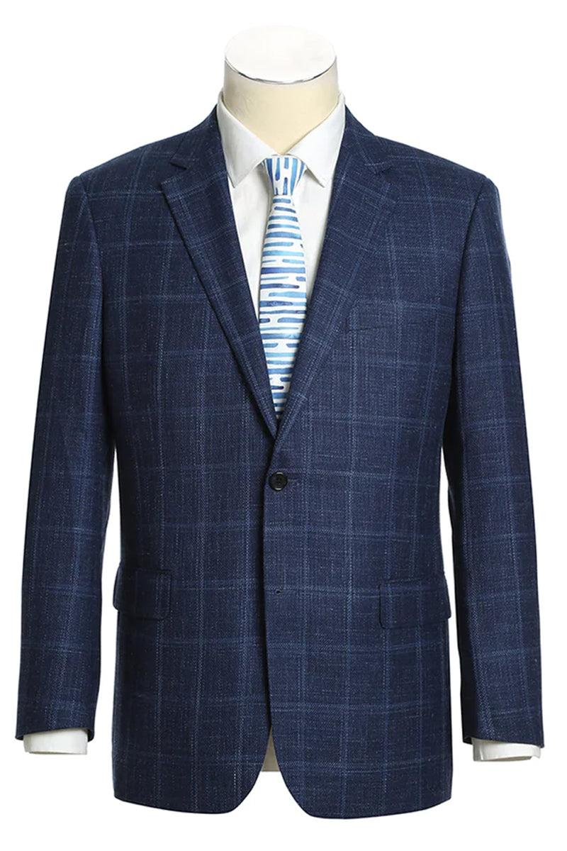 Renoir Men's Classic Fit Wool Navy Blazer with Two-Button Closure, Windowpane Plaid - Elegant Mensattire