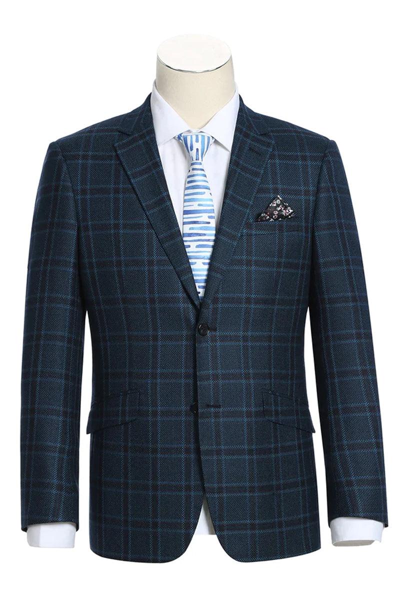 Renoir Men's Dark Navy Blue Windowpane Plaid Slim Fit Wool Blazer - Elegant Mensattire