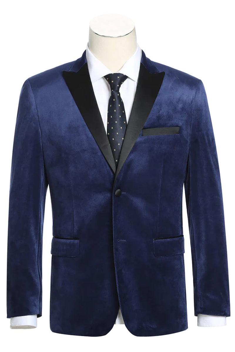 "Renoir Men's Navy Velvet Peak-Lapel Tuxedo Blazer" - Elegant Mensattire