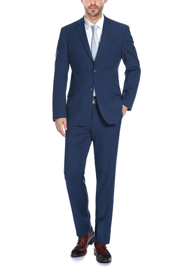 "Renoir Men's Sharp Navy Blue Two-Button Slim-Fit Suit with Hack Pocket" - Elegant Mensattire