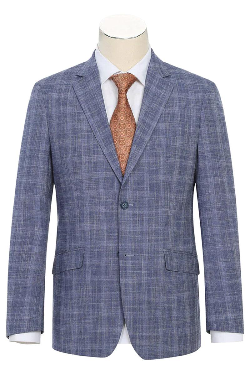 Renoir Men's Slim Fit 2-Button Light Blue Summer Plaid Suit w/ Wide Windowpane Design - Elegant Mensattire