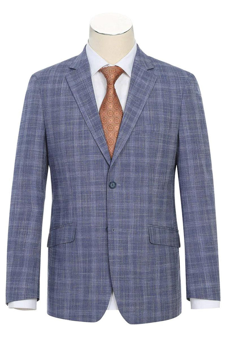 Renoir Men's Slim Fit 2-Button Light Blue Summer Plaid Suit w/ Wide Windowpane Design - Elegant Mensattire