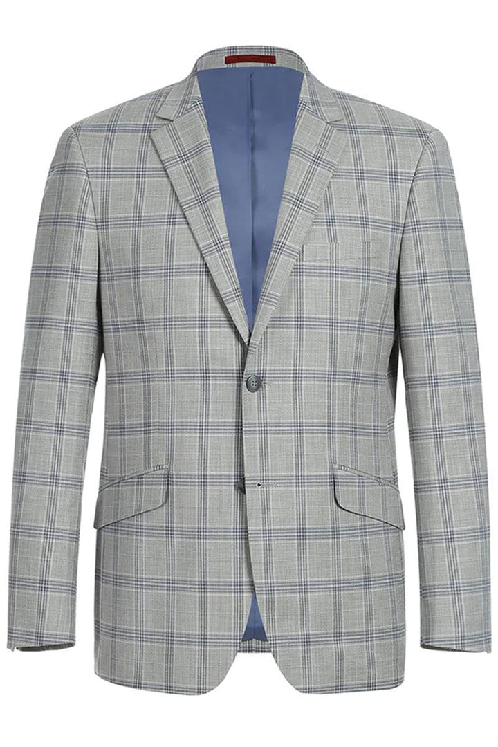 Renoir Men's Slim-Fit 2-Piece Suit in Light Grey & Blue Windowpane Pattern - Elegant Mensattire