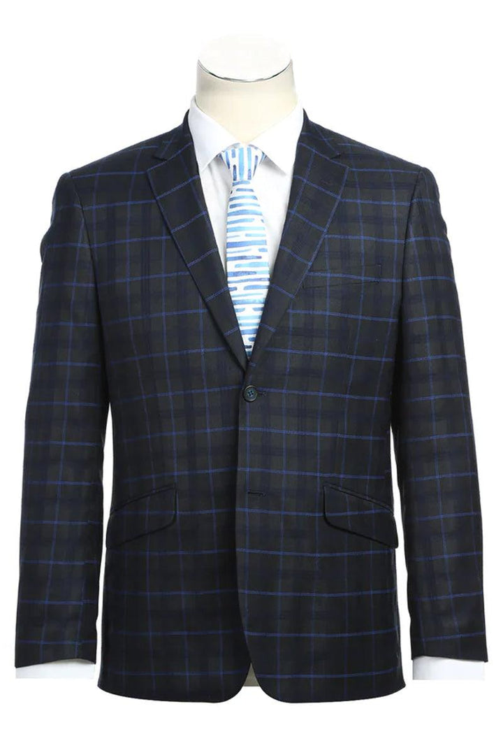 Renoir Men's Slim-Fit Blue Windowpane Plaid Two-Button Suit - Elegant Mensattire