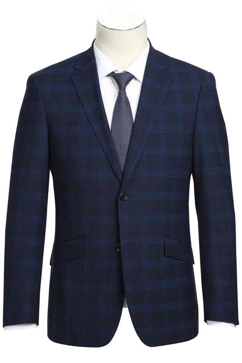 "Renoir Men's Slim-Fit Stretch Suit in Dark Navy Windowpane Plaid" - Elegant Mensattire