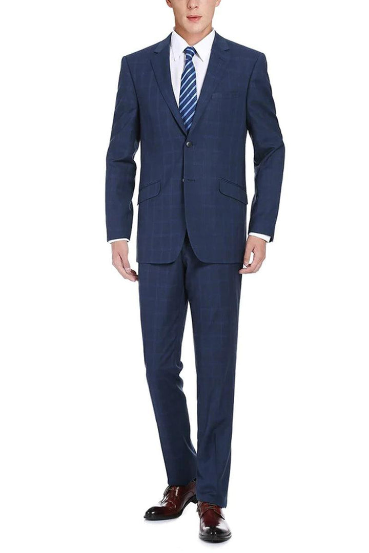 Renoir Men's Slim-Fit Two-Button 2-Piece Suit in Indigo Blue Windowpane Plaid - Elegant Mensattire