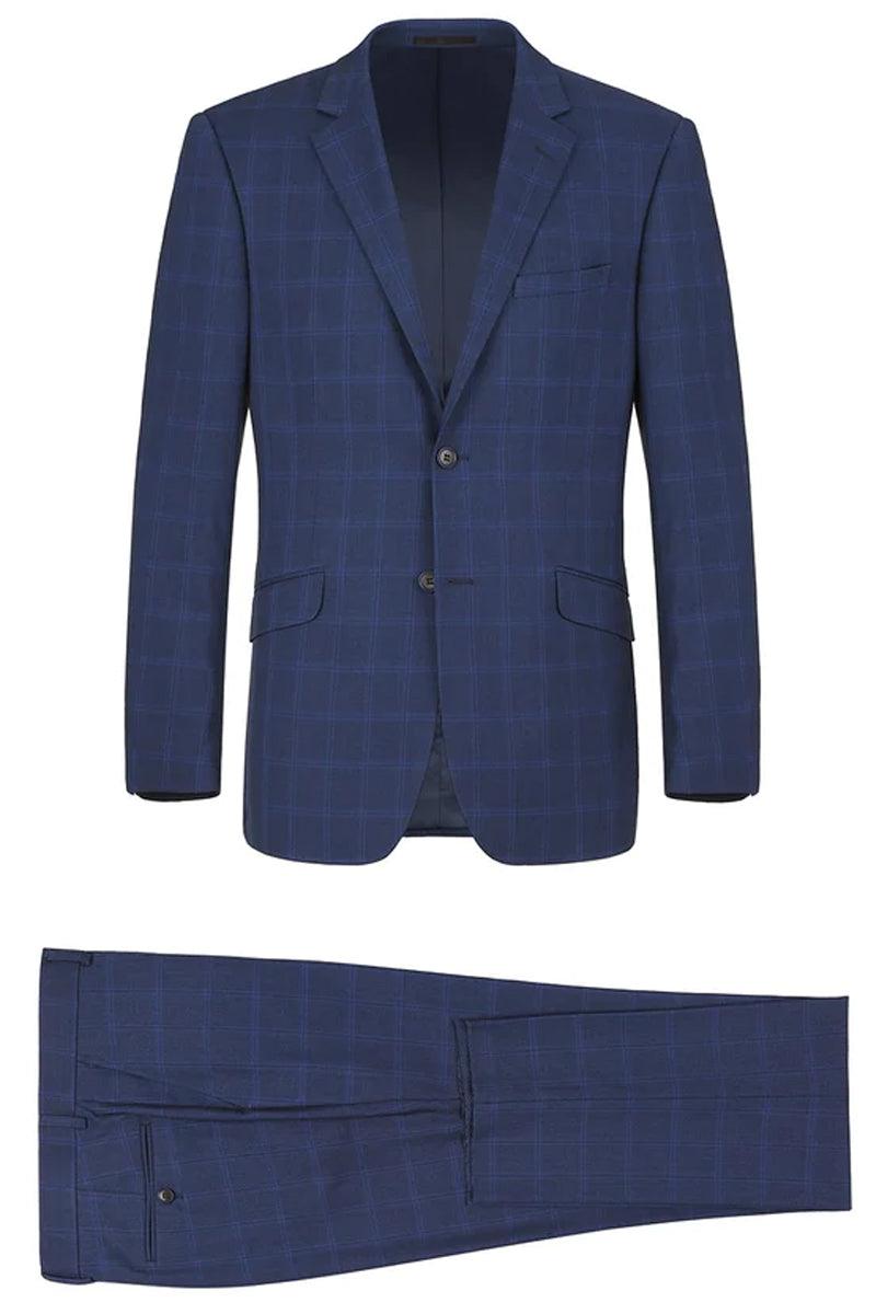 Renoir Men's Slim-Fit Two-Button 2-Piece Suit in Indigo Blue Windowpane Plaid - Elegant Mensattire