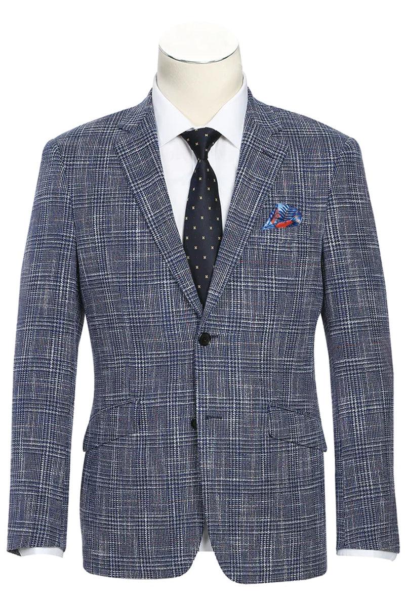 Renoir Men's Slim-Fit Wool &Linen Blazer in Blue Windowpane Plaid - Elegant Mensattire