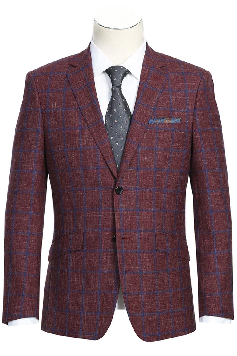 Renoir Men's Slim Fit Wool Blazer in Burgundy & Blue Windowpane Plaid - Elegant Mensattire